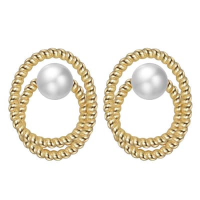14K Gold Plated Double-Layer Beads Freshwater Pearl Stud Earrings 925 Sterling Silver detail 1