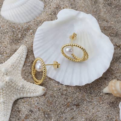 14K Gold Plated Double-Layer Beads Freshwater Pearl Stud Earrings 925 Sterling Silver detail 3