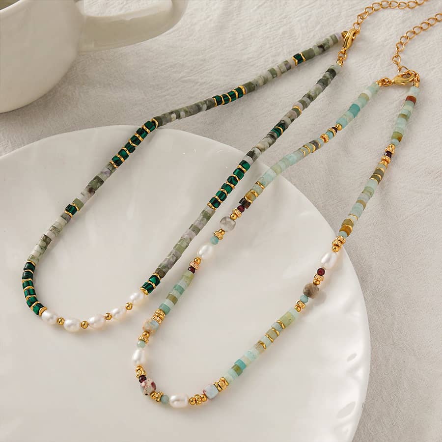 Freshwater Pearl Waterproof Stainless Steel 18K Gold Plated Natural Stone Bead Necklace - main