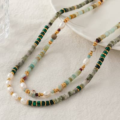 Freshwater Pearl Waterproof Stainless Steel 18K Gold Plated Natural Stone Bead Necklace detail 2