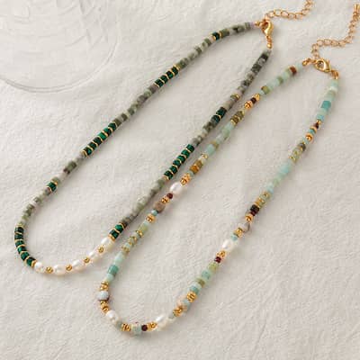Freshwater Pearl Waterproof Stainless Steel 18K Gold Plated Natural Stone Bead Necklace detail 4