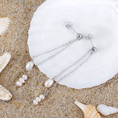 Elegant Long Tassel Pearl Wedding Dangle Earrings 925 Silver Pearl Drop Earrings detail 3