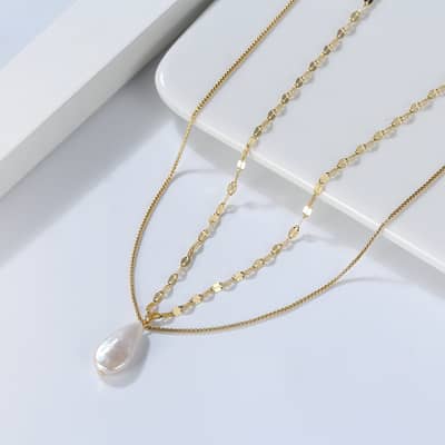 Minimalist Freshwater Pearl 14K Gold Plated 925 Sterling Silver Double Layer Necklace detail 1