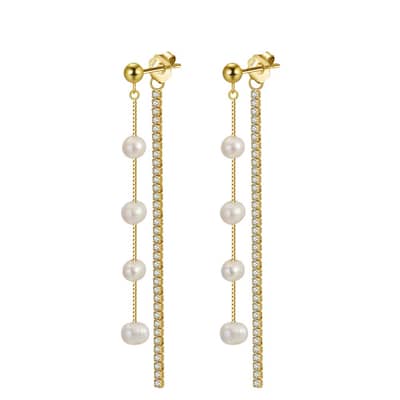 Elegant Long Ear Line Sparkle Zircon Pearl Earrings S925 Silver Needle Stud Earrings detail 1