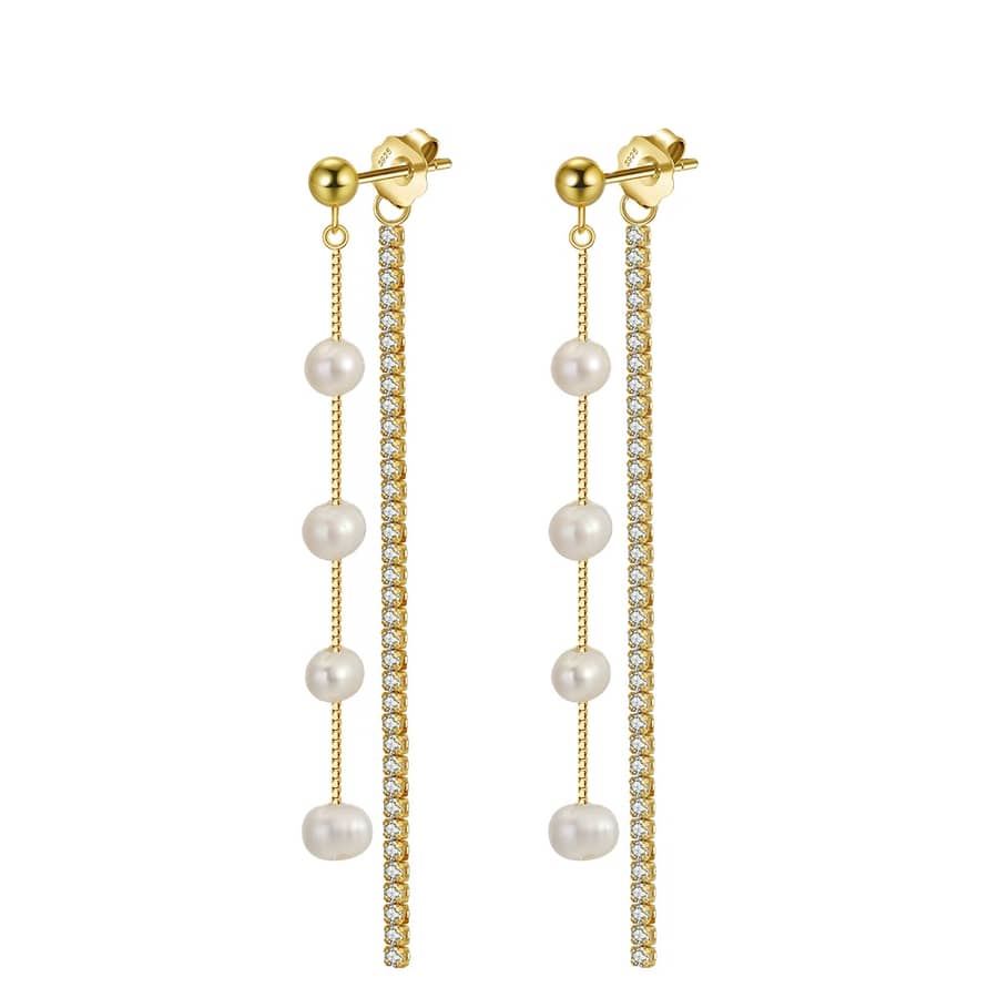 Elegant Long Ear Line Sparkle Zircon Pearl Earrings S925 Silver Needle Stud Earrings - main
