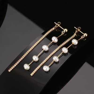 Elegant Long Ear Line Sparkle Zircon Pearl Earrings S925 Silver Needle Stud Earrings detail 2