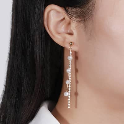 Elegant Long Ear Line Sparkle Zircon Pearl Earrings S925 Silver Needle Stud Earrings detail 3