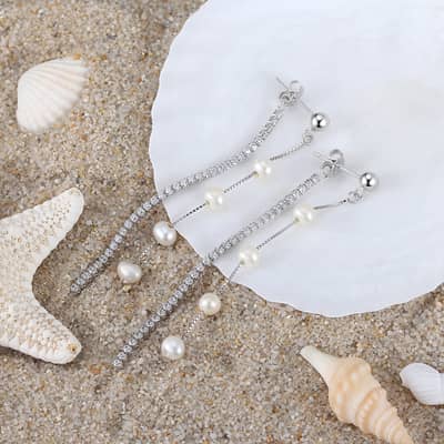 Elegant Long Ear Line Sparkle Zircon Pearl Earrings S925 Silver Needle Stud Earrings detail 4