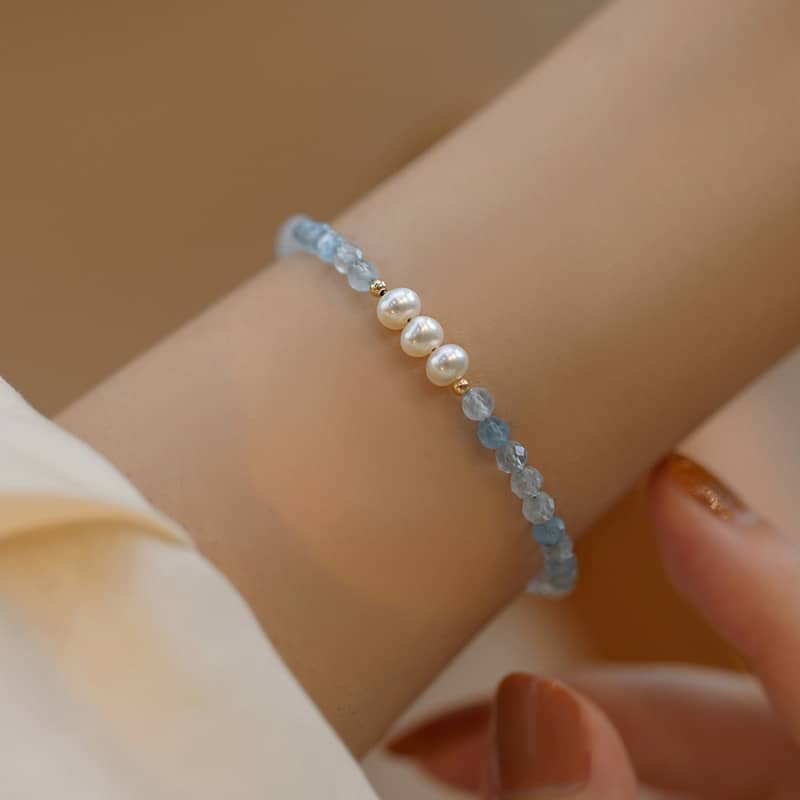 Natural Pearl Cut Faceted Aquamarine Beads Bracelet - main