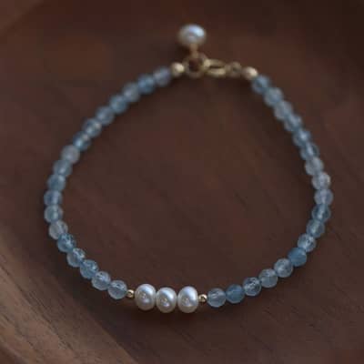 Natural Pearl Cut Faceted Aquamarine Beads Bracelet detail 4