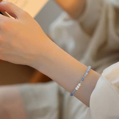 Natural Pearl Cut Faceted Aquamarine Beads Bracelet detail 5