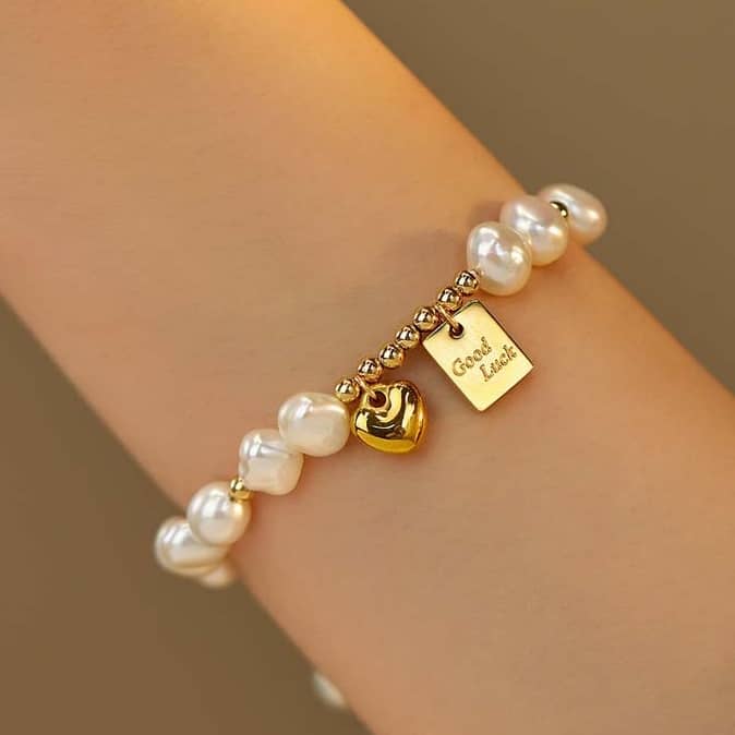 Natural Pearl Heart Charm Lucky Pearl Stainless Steel Beads Bracelet - main