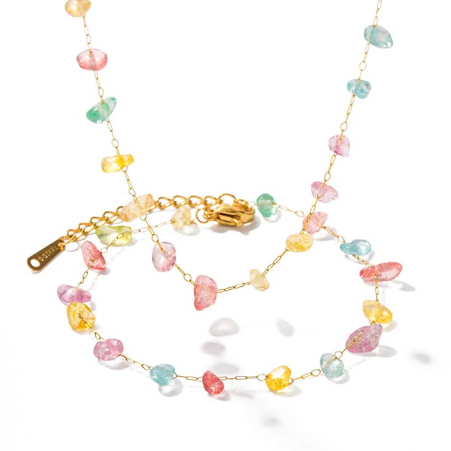 Natural Stone Beads Stainless Steel Necklace Bracelet Set Waterproof 18K Gold Plated PVD Coated - main