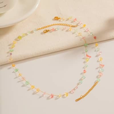 Natural Stone Beads Stainless Steel Necklace Bracelet Set Waterproof 18K Gold Plated PVD Coated detail 4