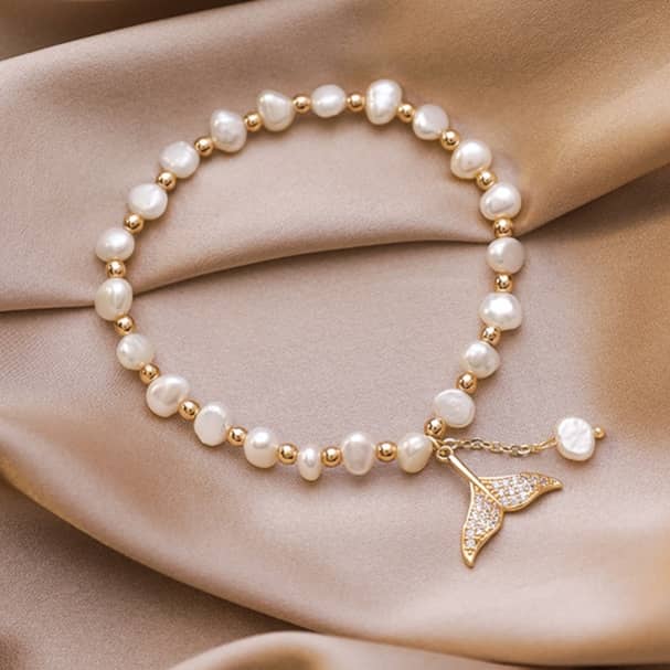 Freshwater Pearl Fish Tail Charm Bracelet Stainless Steel Beads - main