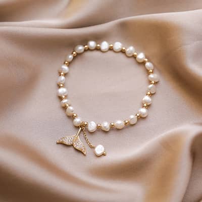 Freshwater Pearl Fish Tail Charm Bracelet Stainless Steel Beads detail 2