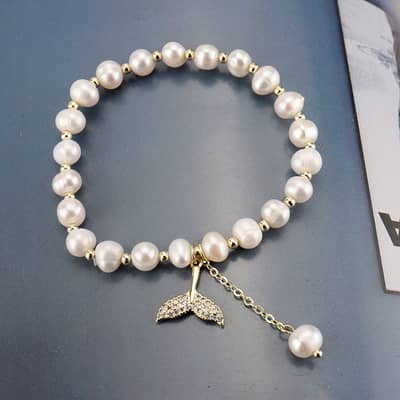 Freshwater Pearl Fish Tail Charm Bracelet Stainless Steel Beads detail 3