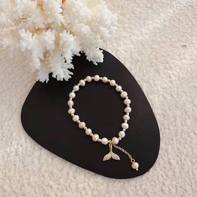 Freshwater Pearl Fish Tail Charm Bracelet Stainless Steel Beads detail 4
