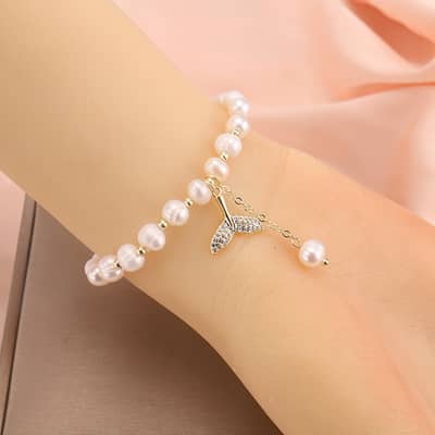 Freshwater Pearl Fish Tail Charm Bracelet Stainless Steel Beads detail 5