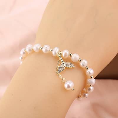 Freshwater Pearl Fish Tail Charm Bracelet Stainless Steel Beads detail 6
