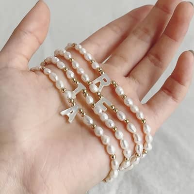 Freshwater Pearl Letter Charm Bracelet Stainless Steel Beads detail 1