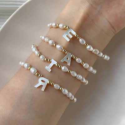 Freshwater Pearl Letter Charm Bracelet Stainless Steel Beads detail 2