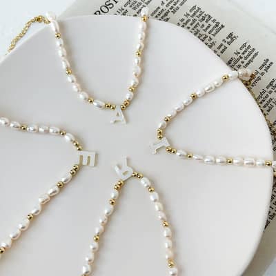 Freshwater Pearl Letter Charm Bracelet Stainless Steel Beads detail 3
