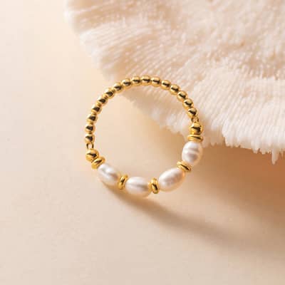 Natural Pearl Ring With Stainless Steel Beads, Adjustable Elasticity, Stackable detail 2