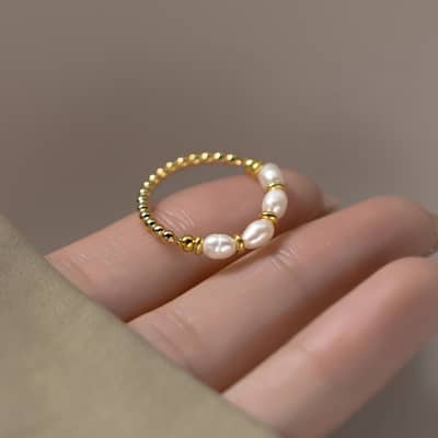 Natural Pearl Ring With Stainless Steel Beads, Adjustable Elasticity, Stackable detail 3