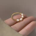 Natural Pearl Ring With Stainless Steel Beads, Adjustable Elasticity, Stackable 3