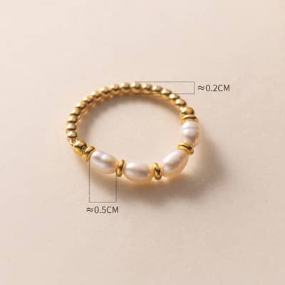 Natural Pearl Ring With Stainless Steel Beads, Adjustable Elasticity, Stackable detail 5