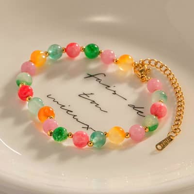 Colorful Natural Stone Beaded Stainless Steel Handmade 18K PVD Coated Waterproof Bracelet detail 2