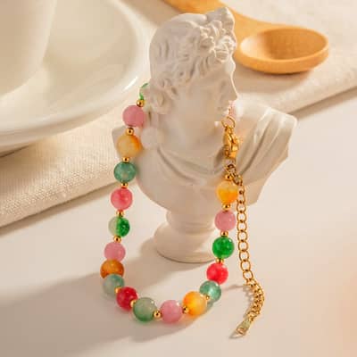 Colorful Natural Stone Beaded Stainless Steel Handmade 18K PVD Coated Waterproof Bracelet detail 3