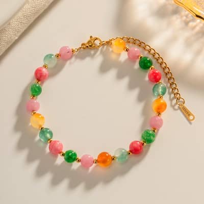 Colorful Natural Stone Beaded Stainless Steel Handmade 18K PVD Coated Waterproof Bracelet detail 4