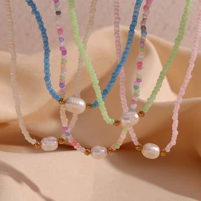 Colorful Beads Freshwater Pearl Necklace Stainless Steel Ball Beaded Party Gift detail 3