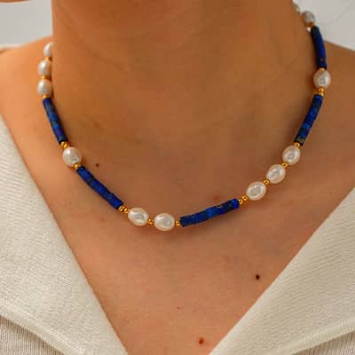 Natural Stone Handmade Beaded Pearl Necklace 18K PVD Coated Waterproof Stainless Steel detail 3