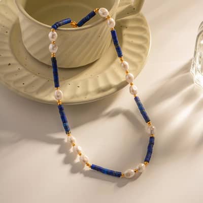 Natural Stone Handmade Beaded Pearl Necklace 18K PVD Coated Waterproof Stainless Steel detail 4