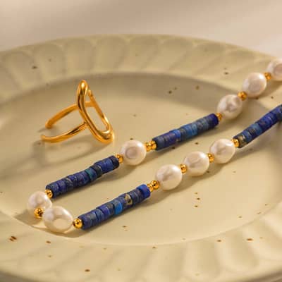 Natural Stone Handmade Beaded Pearl Necklace 18K PVD Coated Waterproof Stainless Steel detail 5
