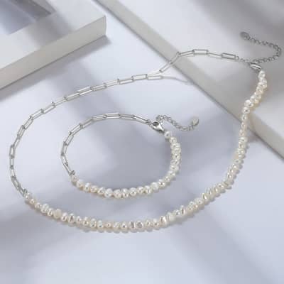 Paperclip Chain Natural Freshwater Pearl Bracelets S925 Sterling Silver Baroque Pearl Necklace detail 1