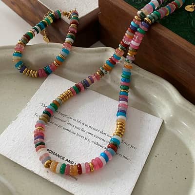 Natural Stone Colored Handmade Beaded Necklace detail 5