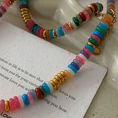 Natural Stone Colored Handmade Beaded Necklace detail 6