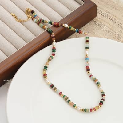 Natural Stone Beads Necklace Bohemian Style Beaded Freshwater Pearl Handmade Party Gift detail 2
