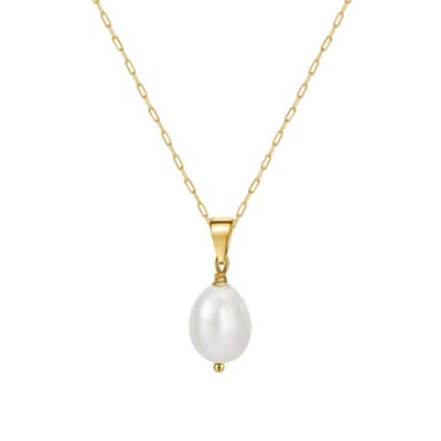 Elegant Single Pearl 925 Sterling Silver 14K Gold Plated Clavicle Chain Pearl Pendant Necklace detail 1