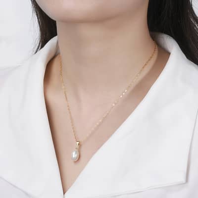 Elegant Single Pearl 925 Sterling Silver 14K Gold Plated Clavicle Chain Pearl Pendant Necklace detail 3