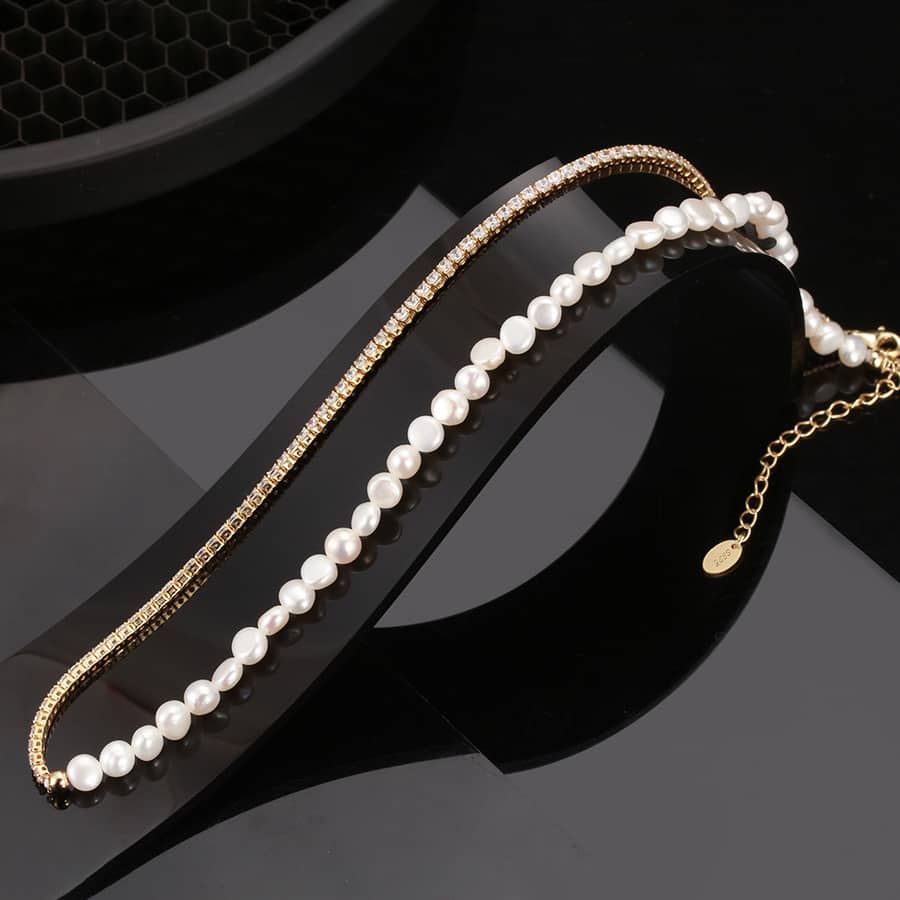Mix Style Freshwater Pearl Chain 925 Sterling Silver Zircon Tennis Choker Necklace - main