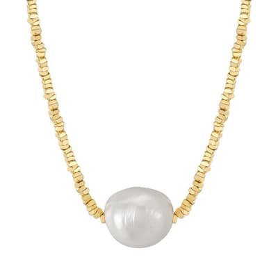 French Elegant 14K Gold Plated Bead Single Pearl Pendant Statement Necklace detail 1