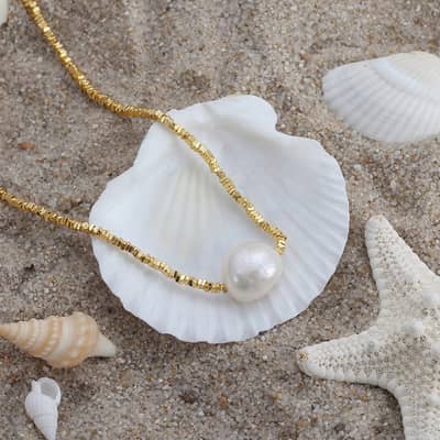 French Elegant 14K Gold Plated Bead Single Pearl Pendant Statement Necklace detail 2