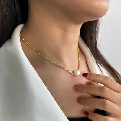 French Elegant 14K Gold Plated Bead Single Pearl Pendant Statement Necklace detail 3