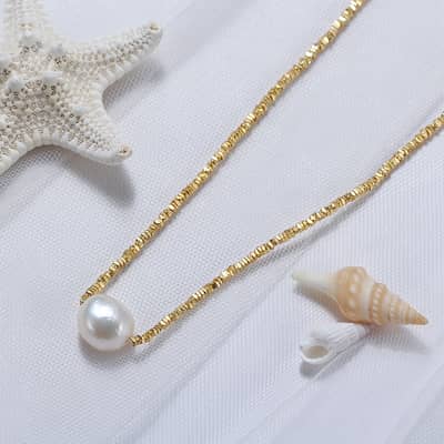French Elegant 14K Gold Plated Bead Single Pearl Pendant Statement Necklace detail 6