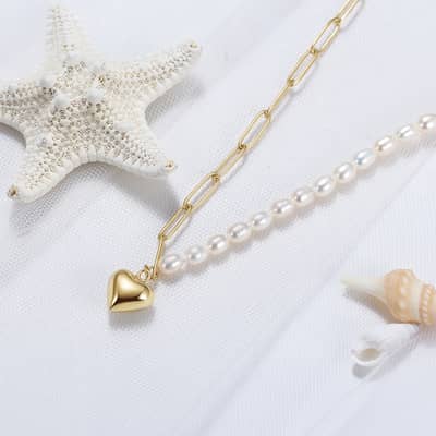 Heart Pendant 14K Gold Plated 925 Sterling Silver Half Paperclip Chain Half Freshwater Pearl Necklace detail 1
